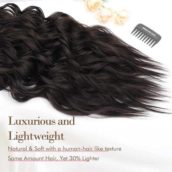 REECHO Hair Extensions, 4PCS Clip in Hair Extensions HE001 Natural Soft Synthetic Hairpieces for Women, Black Brown