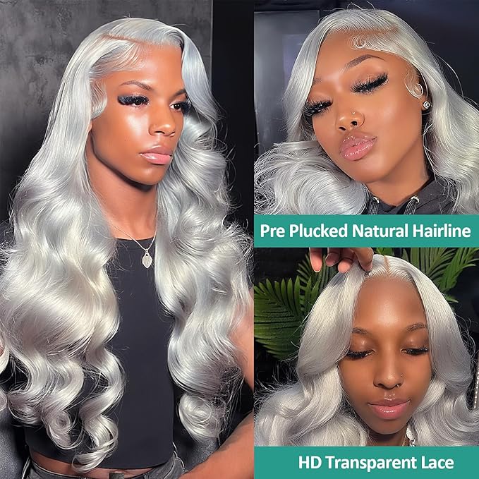 13x6 Grey Lace Front Wigs Human Hair Body Wave Gray Wigs Human Hair Pre Plucked with Baby Hair 200 Density Glueless Brazilian Virgin Grey Lace Frontal Wigs for Women 32 Inch