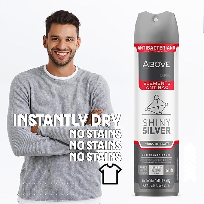 ABOVE Shiny Silver - 48 Hours Elements Antiperspirant Deodorant for Men - Notes of Jasmine and Mint - Dry Spray Protects Against Sweat and Body Odor - Stain, Cruelty and Alcohol Free - 3.17 oz