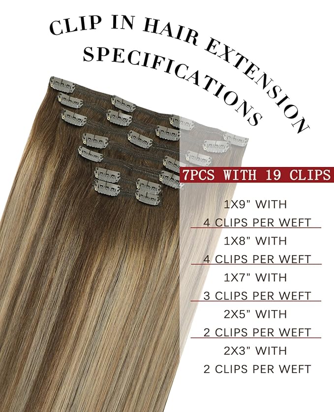 Clip in Hair Extensions Real Human Hair,Balayage Chocolate Brown To Caramel Blonde, 14 Inch 140g Natural Straight Clip On Hair extensions 7pcs Per Set with 19 Clips (H#4/27/4,14")
