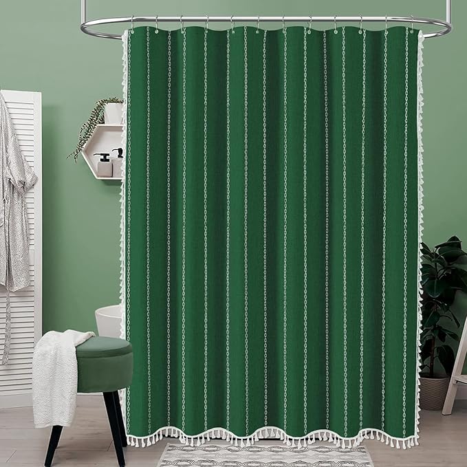 BTTN Stall Fabric Shower Curtain - 54x78 Boho Striped Linen Heavy Duty Tassel Shower Curtain Set with 10 Hook, Narrow Rustic Modern Farmhouse Bohemian Cloth Shower Curtain for Bathroom - Emerald Green