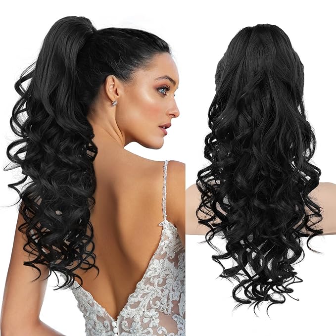REECHO 20' Claw Clip Ponytail Extension, Curly Clip in Ponytail Long Pony Tails Hair Extensions for Women, Fluffy Natural Looking Synthetic Hairpiece, Natural Black