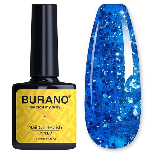 BURANO Glitter Nail Polish, LED UV Shimmer Holographic Effect Soak Off Gel, No Chip Sparkle Polish for Home DIY Nail Salon (Blue LP7)
