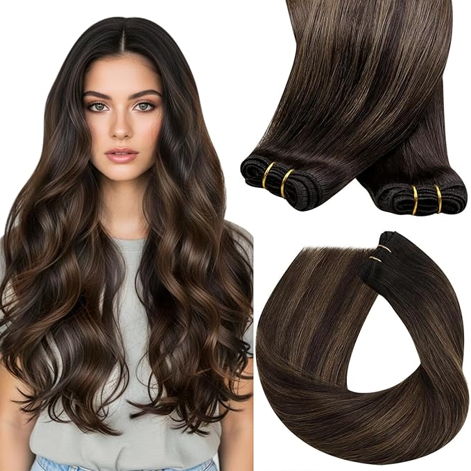 Sunny Hair Sew in Hair Extensions Real Human Hair 18inch 120g Weft Hair Extensions Human Hair Dark Brown Balayage Light Brown Sew in Extensions Real Human Hair Thick Hair for Full Head