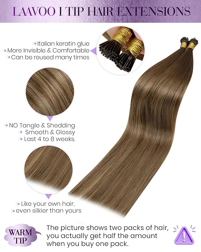 LaaVoo I Tip Hair Extensions Ombre Itip Human Hair Extensions Medium Brown Mix Light Brown Fading to Golden Brown 22 in 50g