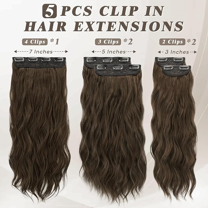 BARSDAR Long Wavy Clip in Hair Extensions - 20 Inch Brown Hair Extensions Clip in for Women - 5PCs Thick Soft Synthetic Loose Wavy Hairpieces Daily Party Halloween – Brown