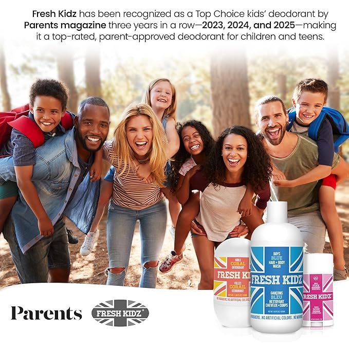 Fresh Kidz Roll On Deodorant for Kids and Teens - Baking Soda and Aluminum-free 24 Hour Protection for Sensitive Skin - Boys "Blue" 1.86 fl.oz. (3 Pack)