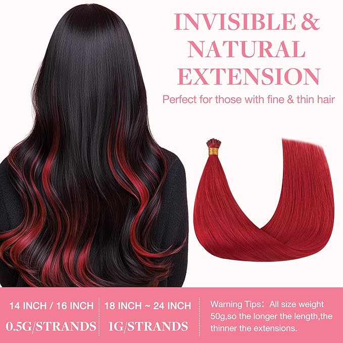GOO GOO Colored I Tip Hair Extensions, Real Human Hair, 22inch 50g 50S, Cold Fusion, Invisible Remy, Red