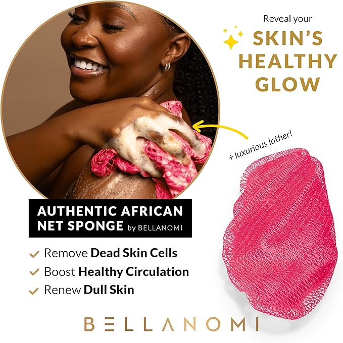 BELLANOMI 4 Piece African Exfoliating Net Sponge Long African Bath Sponge, Authentic Ethically Sourced from Nigeria, Great for Daily Use (Pink, Indigo, Seafoam, Blush)