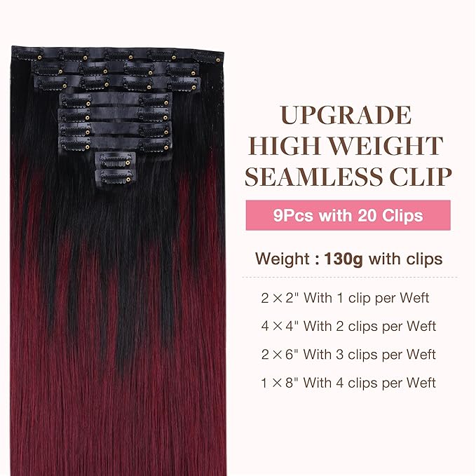 GOO GOO Clip in Hair Extensions Real Human Hair, Remy Human Hair Extensions Clip ins for Women, Natural Human Hair, 14inch 130g 9 Pcs, #1/99j Balayage Jet Black to Red Seamless Blend
