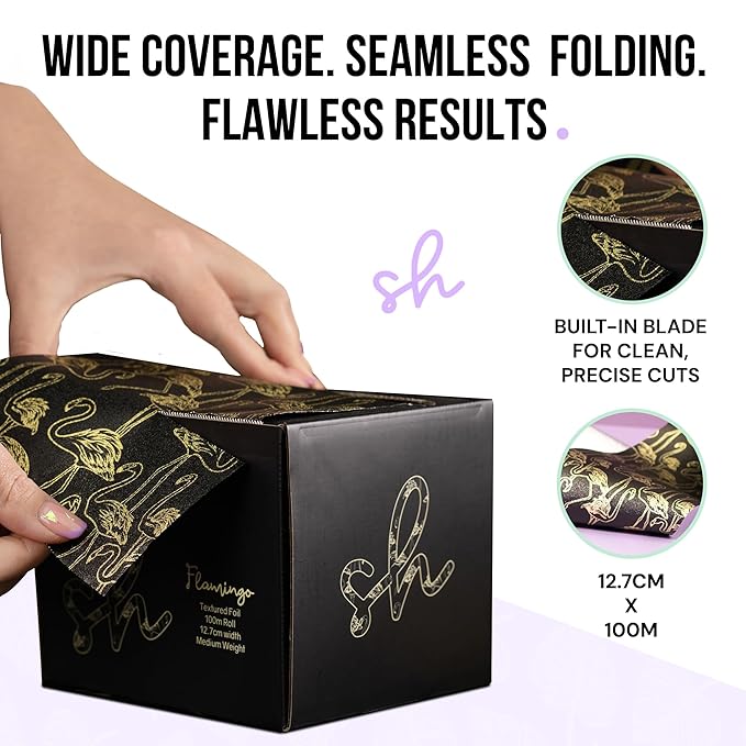 Simply Hair Hair Foil Roll – 100m Embossed Medium Weight Roll with Built-in Cutter – Custom Length Foil for Hair Dye, Highlights & Balayage - No-Slip Grip - 12.7cm - Flamingo