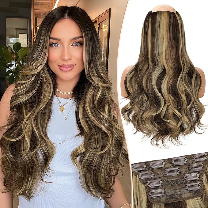 Kookastyle Clip in Hair Extensions 4 pcs Natural Long Synthetic Curly Hairpieces Layered Soft Invisible for Women Balayage Medium Brown to Golden Blonde 20 Inch