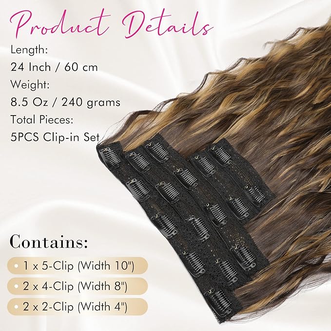 Clip in Hair Extensions, REECHO 5PCS Brown Hair Extensions 24" Thick Long Loose Waves hair extensions HE002 Invisible Lace Weft Natural Soft Hairpieces for Women – Dark Brown with Highlights