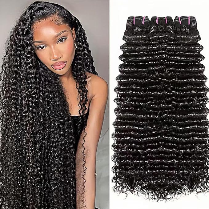 Deep Wave Bundles Human Hair Brazilian Virgin Hair Weave 3 Bundles Deep Curly 15A Grade Unprocessed Human Hair Extensions Natural Black 100g/pc 26 28 30 Inch