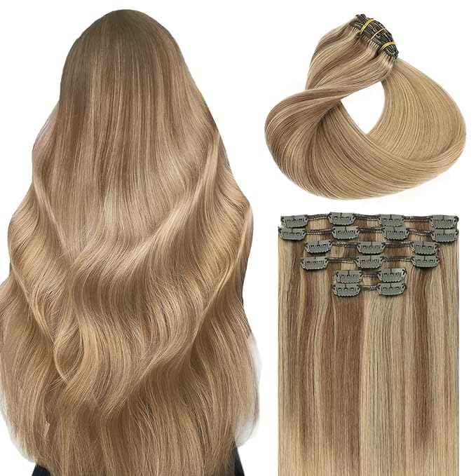Clip in Hair Extensions Real Human Hair,Balayage Ash Brown To Caramel Blonde,Hair Extensions Clip In 6pcs Per Set With 18 Clips 16 Inch 100grams,(#10/27/27,16")