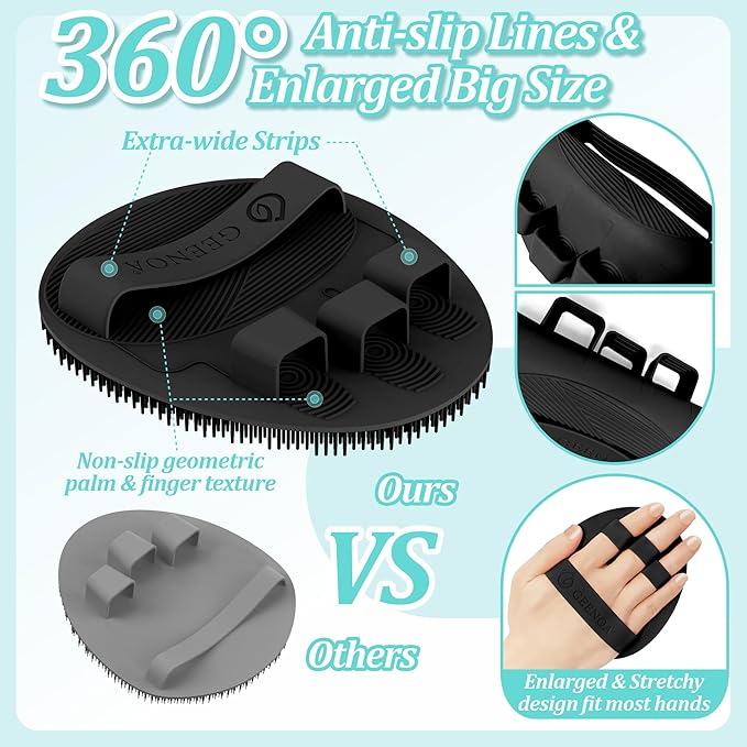 Silicone Back & Face Scrubber & Bath Glove Set 3PCS, 13.4'' Gentle Back Scrubber with Dual-Side Head, 360° Anti-Slip Bath Glove, Unique Side-bristled Face Scrubber for All-round Cleaning(Black)