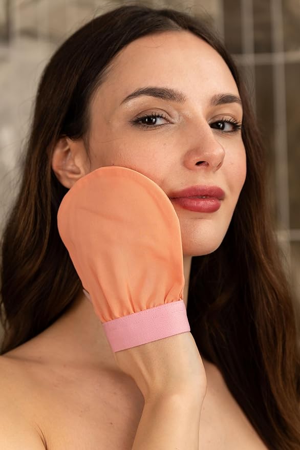 Feel Fine Turkish 100% Natural Plant Silk Exfoliating Gloves & Mitt Set – Hammam Kese for Body Scrub Mitt for Women & Men, Perfect for Shower, Bath, and Spa (Salmon&Light Pink)