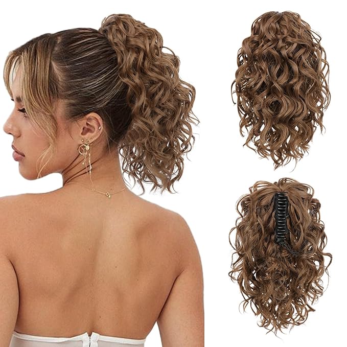 Flufymooz Ponytail Extension, 12" Short Claw Ponytail Extension Wavy Curly Jaw Clip in Pony tails Hair Extension Natural Synthetic Hairpiece for Women(Dirty Blonde)