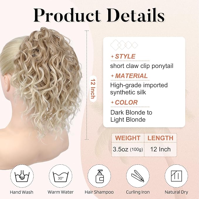 Flufymooz Ponytail Extension, 12" Short Claw Ponytail Extension Wavy Curly Jaw Clip in Pony tails Hair Extension Natural Synthetic Hairpiece for Women(Dark Blonde to Light Blonde)