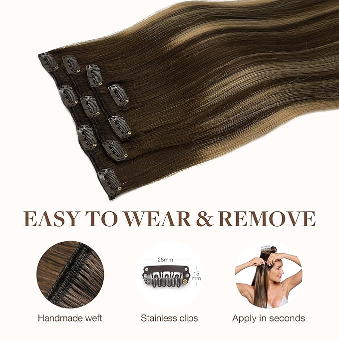 GOO GOO Clip in Hair Extensions Real Human Hair, Remy Human Hair Extensions Clip ins for Women, Natural Human Hair, 16inch 65g 4Pcs, 4/27/4 Balayage Chocolate Brown to Caramel Blonde