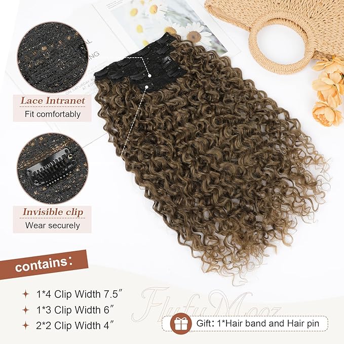 Flufymooz Clip in Hair Extensions, 4PC 100％ Pure Protein Silk Hair Extensions Long Soft Natural Hairpiece 20 Inch Curly Hair Extension for Women-Medium Brown to Light Brown
