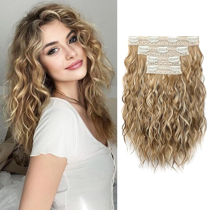 REECHO Clip in Hair Extensions, 4PCS Hair Extensions 12" Short Curly Wavy Blonde hair extensions Invisible Lace Weft Natural Soft Hairpieces for Women – Golden Blonde with Highlights