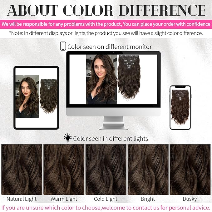 KooKaStyle Short Hair Extensions 6PCS 14 Inch Wavy Curly Hairpieces Synthetic Soft Lace Weft Clip in Hair Extensions-Chestnut Brown for Women