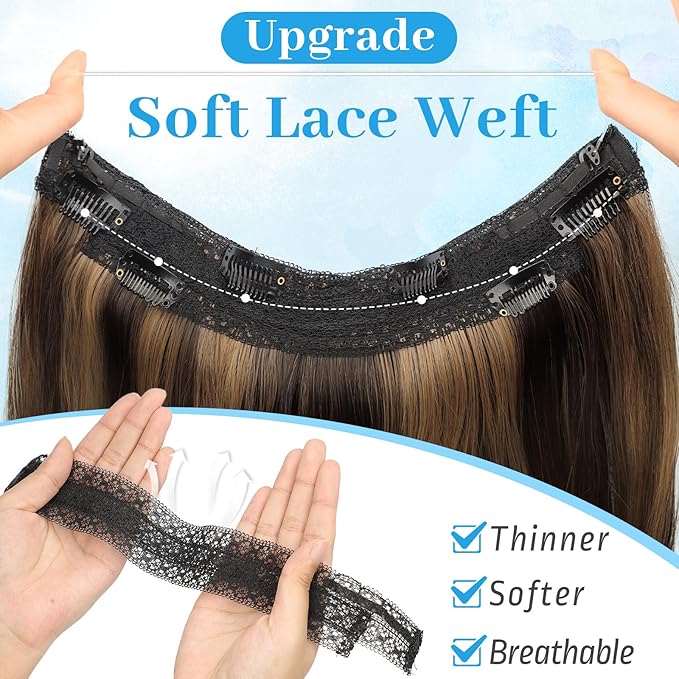 KooKaStyle Invisible Wire Hair Extensions Long Straight Layered Synthetic with Transparent Wire Adjustable Size 6 Secure Clips Hairpieces for Women 20 Inch (20 Inch, Balayage Dark Brown to Chestnut)