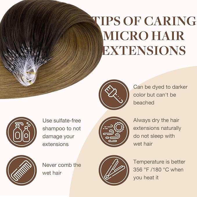 GOO GOO Micro Link Tip Hair Extensions, Real Human Hair, 16inch 50g 50S, Cold Fusion, Invisible Remy, 1D/2C/4E Chocolate Dip Color Melt