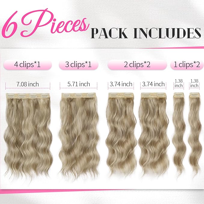 KooKaStyle Short Hair Extensions 6PCS 14 Inch Wavy Curly Hairpieces Synthetic Soft Lace Weft Clip in Hair Extensions-Ash Brown mix Platinum Blonde for Women