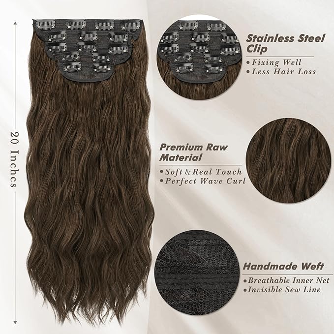 BARSDAR Long Wavy Clip in Hair Extensions - 20 Inch Brown Hair Extensions Clip in for Women - 5PCs Thick Soft Synthetic Loose Wavy Hairpieces Daily Party Halloween – Brown