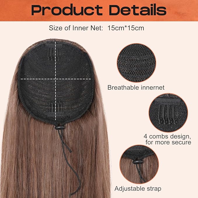 SEIKEA Versatile Drawstring Ponytail Extension, 18" Long Wavy Multi Layered Clip in Ponytail Hair Extensions Stand Up High Fake Pony Tail Soft Natural Synthetic Hairpiece Chocolate Brown Highlights