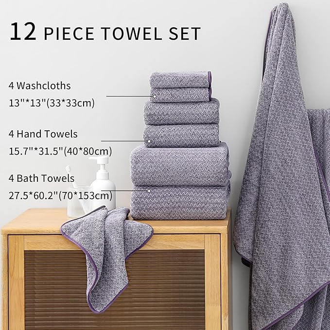 Ultra Soft Bath Towel Set,12 Piece (4 Bath Towels,4 Hand Towels,4 Washcloths) Family Bathroom Towels Set with Hanging Loop,Quick Dry Extra Absorbent Shower Towel for Bathroom,Hotel,Spa-Dark Purple
