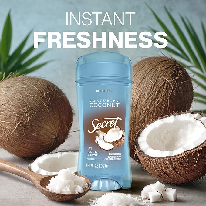 Secret Fresh Antiperspirant Deodorant for Women, 72hr Breathable Sweat & Odor Protection, Instant Freshness & Gentle, PH Balancing Minerals, Clear Gel, Nurturing Coconut Scent, 2.6 oz