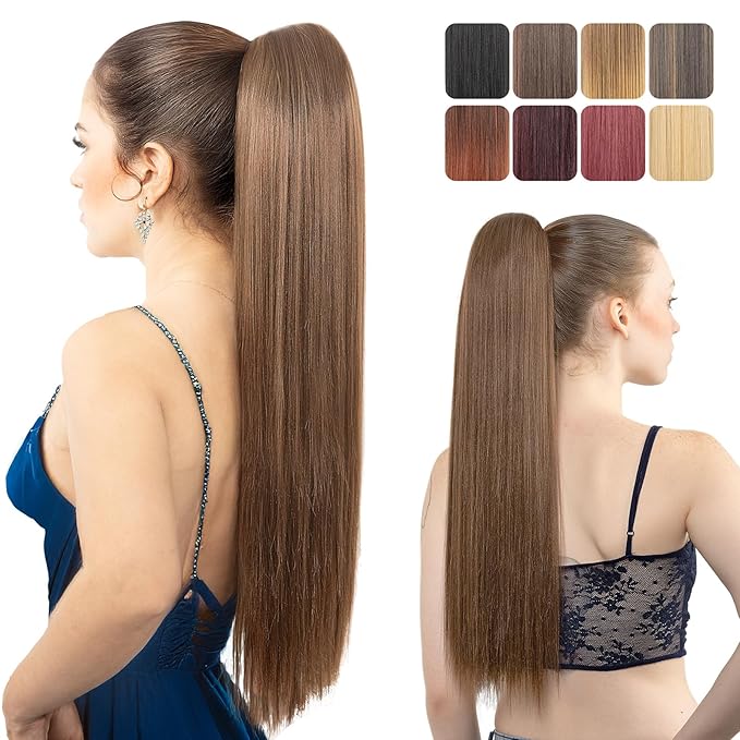 Ponytail Extension, 24" Long Straight Claw Clip Ponytail Extension clip on ponytails hair clip Hair claw clip Fake Ponytail Hairpieces for Women – Chestnut Brown