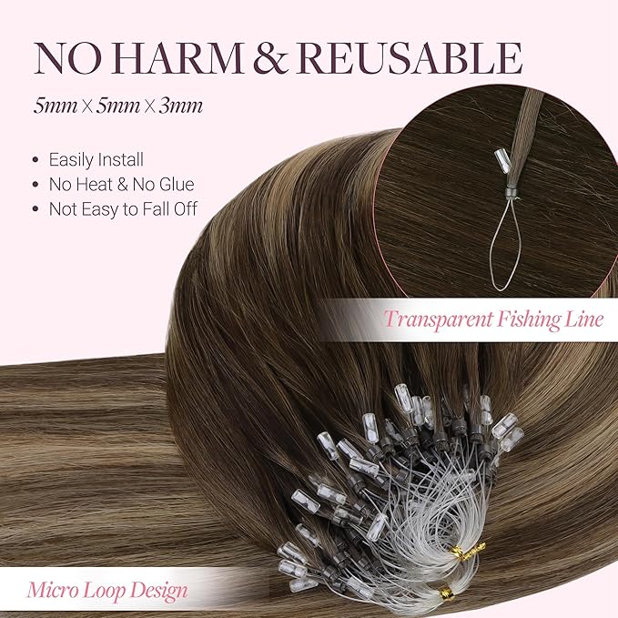 GOO GOO Micro Link Tip Hair Extensions Real Human Hair, 22in 50g 50S, Cold Fusion, Remy Hair, 4/27/4 Balayage Chocolate Brown to Caramel Blonde