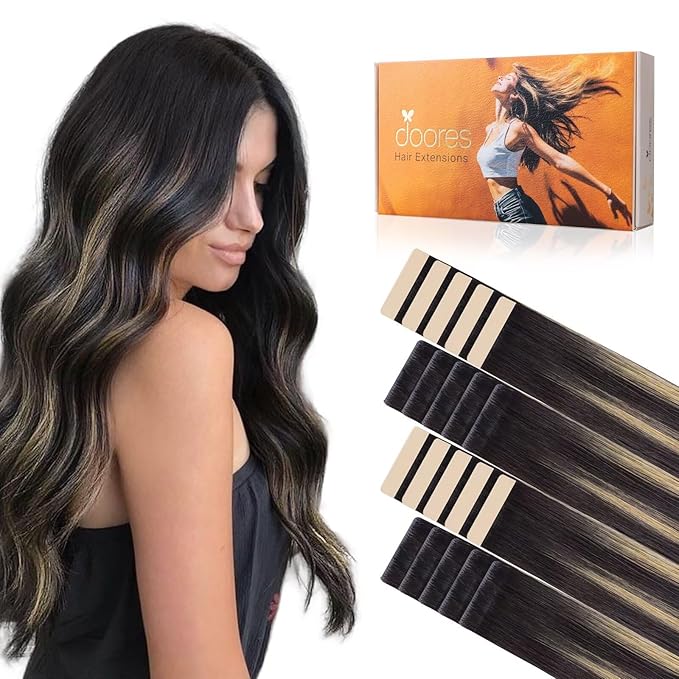 DOORES Invisi Edge Hair Extensions Tape in, Natural Black to Light Blonde 10 Injection Tape-ins with 10 Classic Tape-ins 50g 24 Inch, Injection Tape in Extensions Virgin Hair Thick Ends