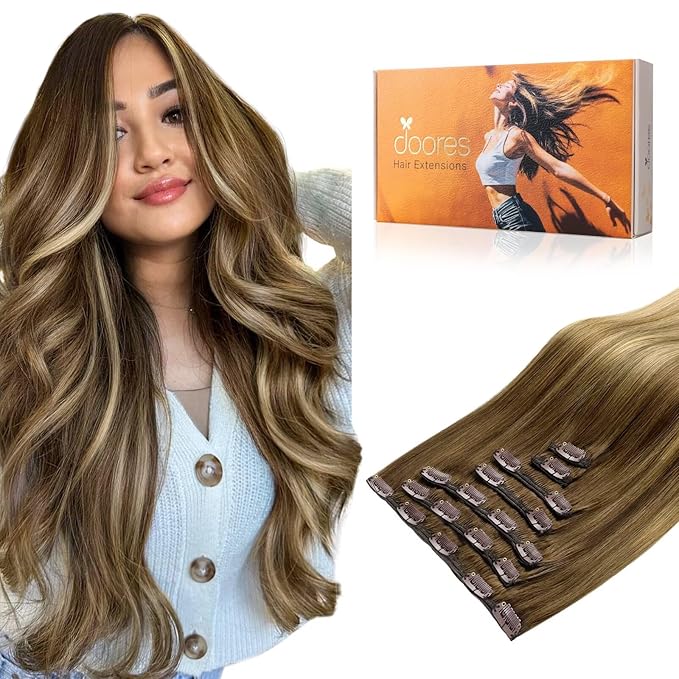DOORES Remy Human Hair Extensions Clip in, Medium Brown Highlighted Dirty Blonde 22 Inch 7pcs 120g, Clip in Hair Extensions Real Natural Hair Extensions Straight Thick