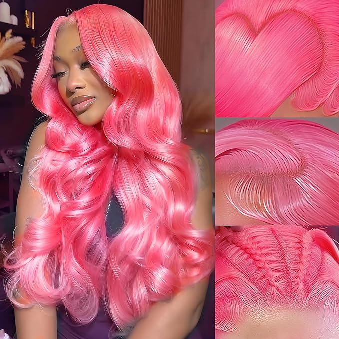 Pink 13x6 Lace Front Wigs Human Hair Body Wave Pink Human Hair Wigs for Women 200% Density Glueless HD Transparent Lace Frontal Wigs Pre Plucked 34 Inch