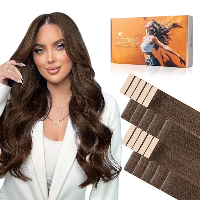 DOORES Invisi Edge Tape in Hair Extensions, Chocolate Brown 10 Injection Tape-ins with 10 Classic Tape-ins 50g 16 Inch, Virgin Human Hair Injection Tape in Extensions Straight