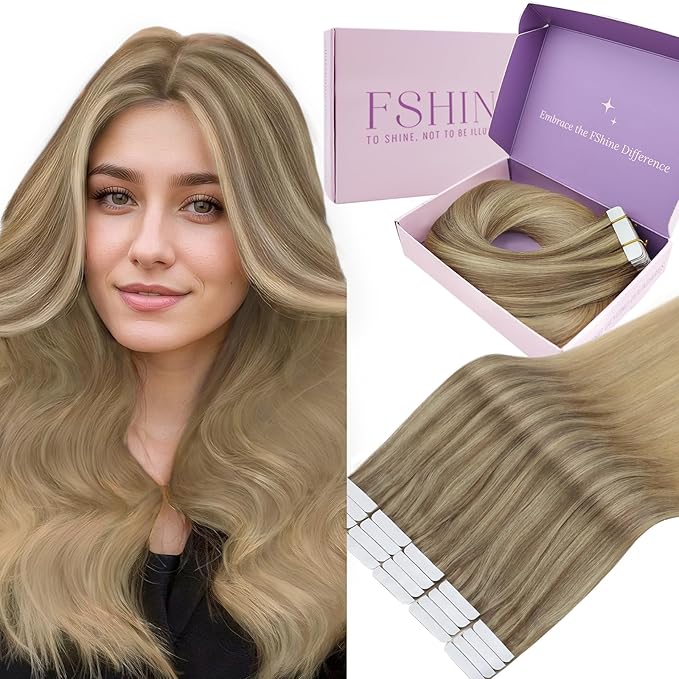 Fshine Highlight Human Hair Tape in Extensions 20 Inch Golden Brown with Dark Ash Blonde Hair Extensions Tape in Remy Long Straight 50 g 20 pcs, for Busy Moms