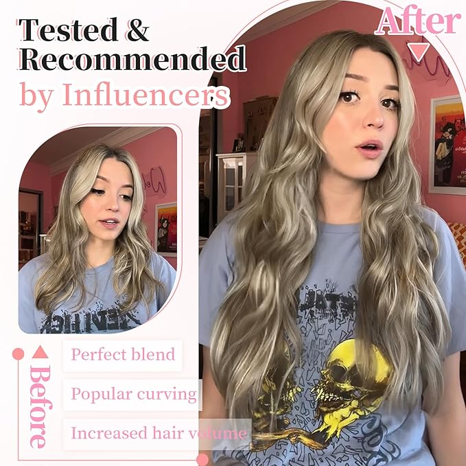 KooKaStyle Clip in Synthetic Hair Extensions Long Wavy 4PCS Thick Hairpieces Ash Brown mix Light Blonde Fiber Double Weft Natural Hair Extensions 20 Inch for Women
