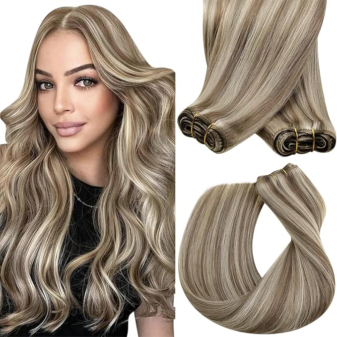 Sunny Hair Human Hair Extensions Sew in 24inch Weft Hair Extensions Brown Sew in Hair Extension Light Brown Highlights Blonde for Women Remy Hair 100g
