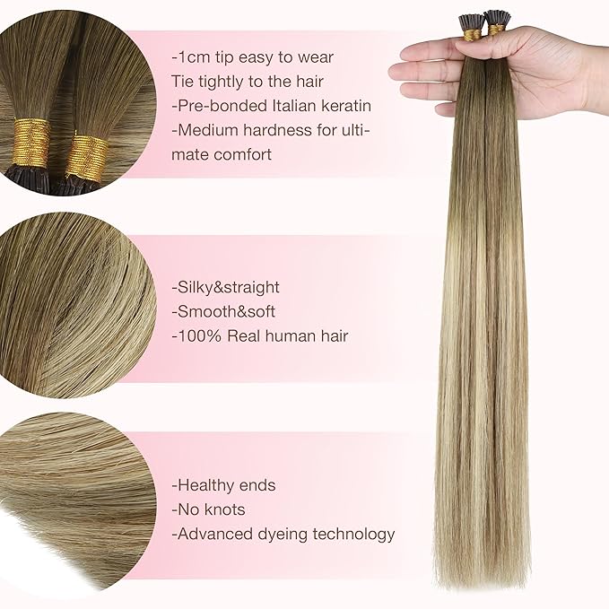 GOO GOO I Tip Hair Extensions Real Human Hair, 16inch 100g 200S, Cold Fusion I Tip Hair Extensions, Invisible Remy Hair Extensions, 3/8/613 Balayage Walnut Brown to Ash Brown and Bleach Blonde