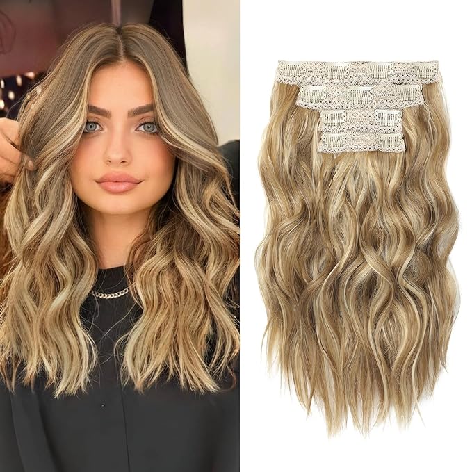 Hair Extensions, 14" Short Clip in Hair Extensions 4PCS Beach Wave Blonde Natural Soft Synthetic Hairpiece for Women - Golden Blonde with Highlights
