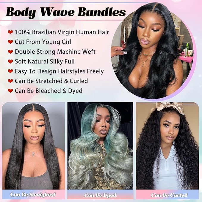 12A Human Hair Bundles 100% Unprocessed Brazilian Virgin Body Wave Bundles Human Hair 28 30 32 Inch Weave 3 Bundles Wavy Human Hair Bundles Natural Black