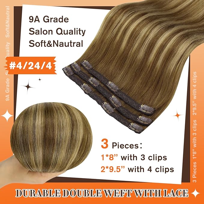 Full Shine Real Hair Extensions Clip in Human Hair Brown Clip in Hair Extensions Brown with Light Brown Balayage Hair Extensions Remy Hair for Women 14 Inch 3 Pcs 60 Grams