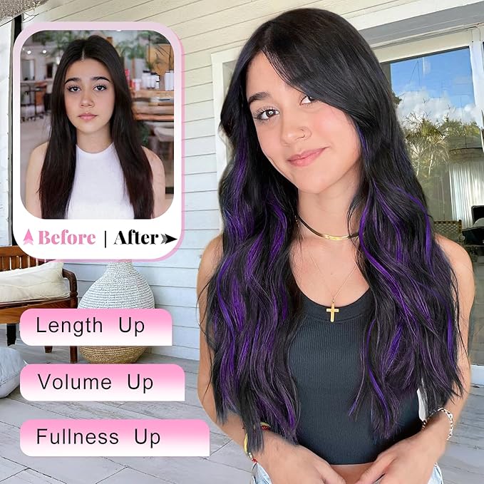 ALXNAN Clip in Long Wavy Synthetic Hair Extension 24 Inch Black Mix Purple Highlights 4PCS Thick Hairpieces Fiber Double Weft Hair for Women