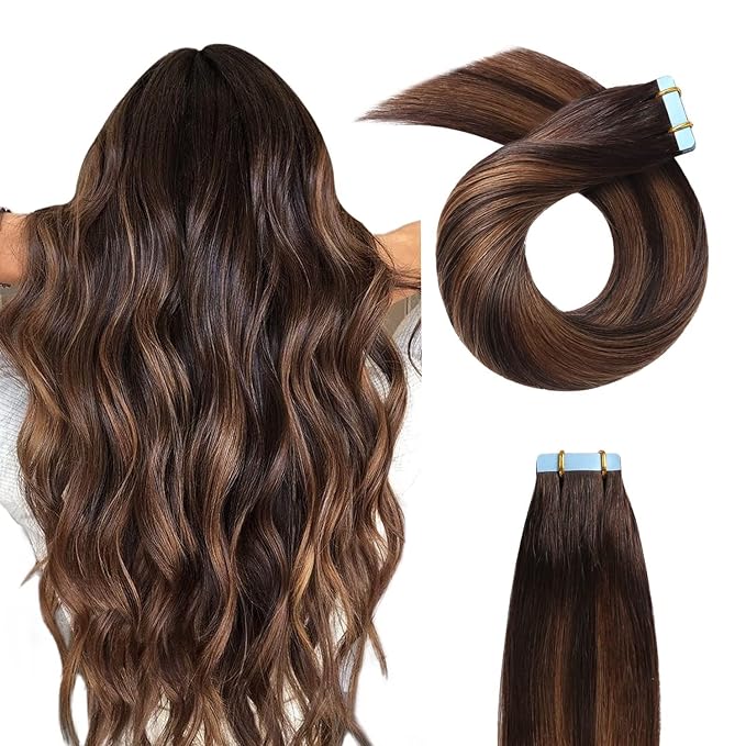 YILITE Tape in Hair Extensions Human Hair #2-6-2 Straight Hair Balayage Darkest Brown Roots Fading to Darkest Brown 24 Inch(Pack of 20) #2-6-2 Balayage Dark Brown to Chestnut Brown