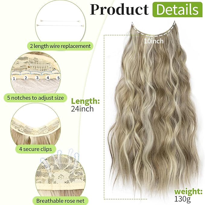 KooKaStyle Invisible Wire Hair Extensions with Transparent Headband Adjustable Size 4 Secure Clips Long Wavy Secret Wire Hairpiece for Women(24 Inch Dirty Blonde Mixed Bleach Blonde)